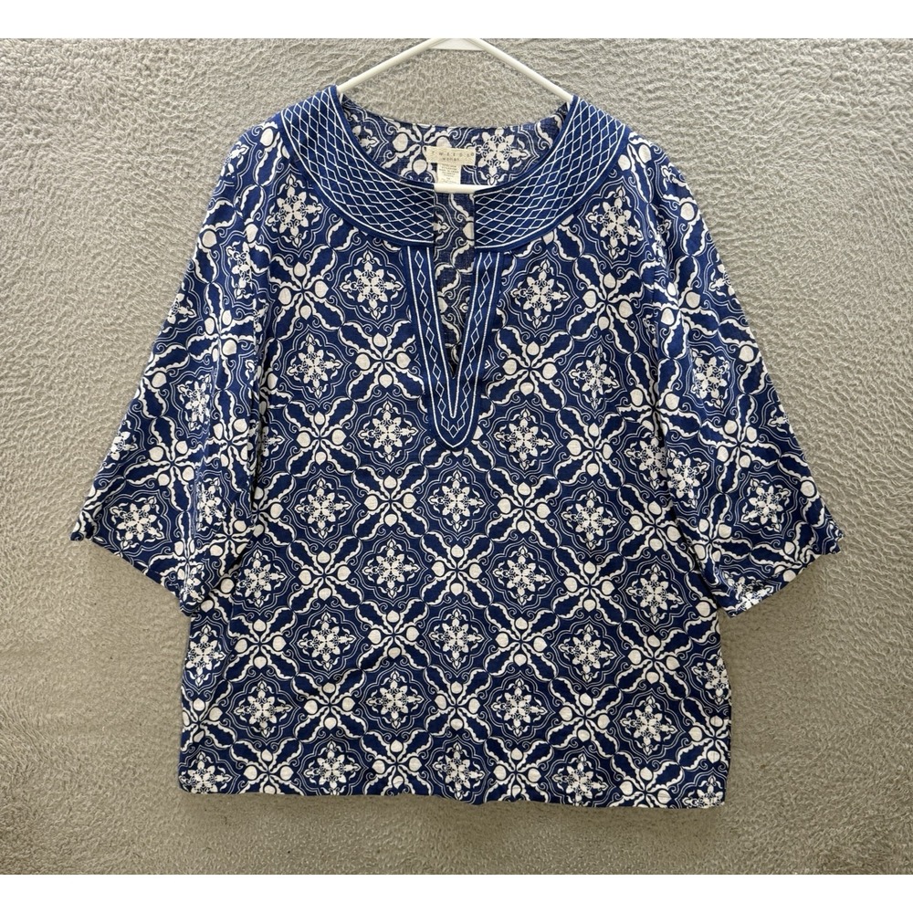 Tweeds Shirt Womens 1X Blue White Geometric Embroidered Linen Blend Coastal